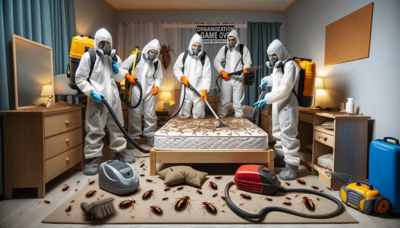 l'equipe de by game over au complet pour traiter un hôtel complet touché par des punaises de lits a Lyon , saint Etienne, givors